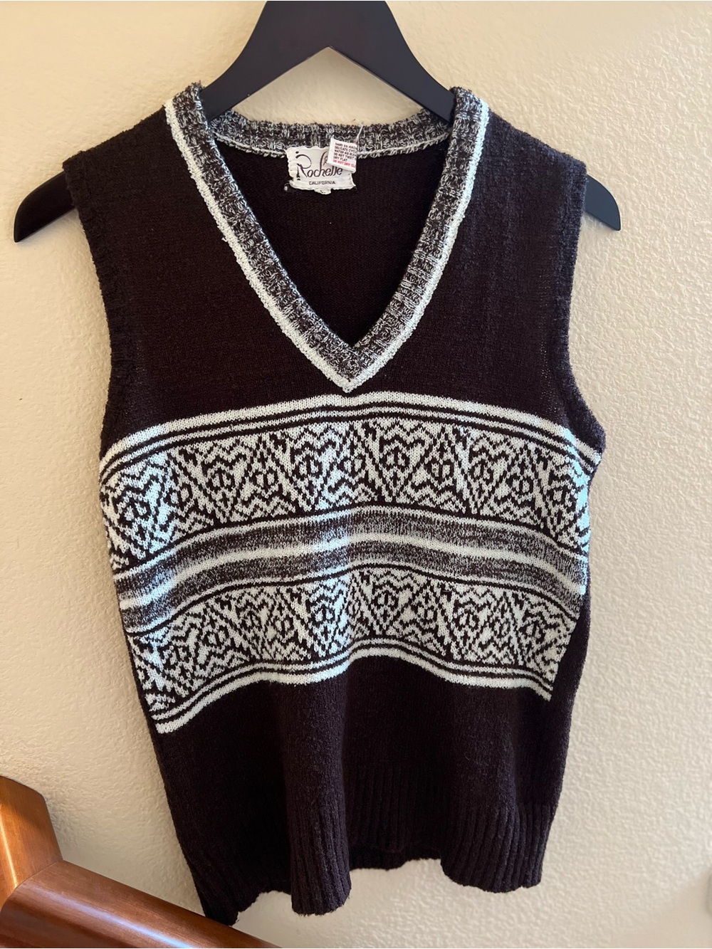 Vintage Chocolate Brown & Cream Geometric Knit Vest